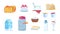Dairy products. White milk containers, cheese slices, butter brick, bowls of yogurt and ice cream. Vector set of cartoon