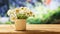 Daisies on wooden table, blur nature background, copy space