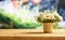 Daisies on wooden table, blur nature background, copy space, banner