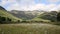 Daisy field with mountains blue sky and clouds scenic Langdale Valley Lake District Cumbria near Old Dungeon Ghyll