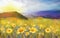 Daisy flower blossom. Oil painting of a rural sunset landscape with a golden daisy field.