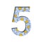 Daisy flower font. Digit five, 5 is cut out of paper on the background of a pattern of lovely blue daisies. Decorative floral