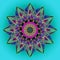 DAISY FLOWER MANDALA. PLAIN AQUAMARINE BACKGROUND. CENTRAL LINEAR DESIGN. COLORFUL IMAGE