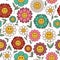Daisy flower seamless pattern. Retro positive smiling faces, hippie chamomile characters, cartoon groovy plants. Decor