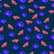 Daisy flowers and leaves regular pattern neon background. Pink English Bellis perennis Bellasima rose.Blue purple colors