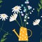 Daisy, forget me not and chamomile spring flowers in the yellow watering can. Easter or summer country background, seamless