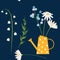 Daisy, forget me not and chamomile spring flowers in the yellow watering can. Easter or summer country background, seamless