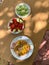 Dal pakwan served with snacks of tomato and cucumber on a table