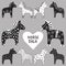 Dala horses gray tones set. Ink hand drawn sketch of traditional Swedish Dalarna horse minimalistic abstract scandinavian style