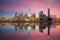 Dallas skyline reflected in Trinity river at sunset