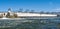 The Dalles, Oregon, USA - May 20, 2023: Panorama of the powerhouse of The Dalles Dam on the Columbia River