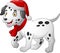 Dalmatian cartoon dog wearing a red santa hat and scarf