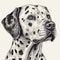 Dalmatian dog, engraving style, close-up portrait, black and white drawing, cute dog