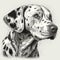 Dalmatian dog, engraving style, close-up portrait, black and white drawing, cute dog,