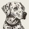 Dalmatian dog, engraving style, close-up portrait, black and white drawing, cute dog,
