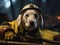 Dalmatian dog firefighter with small hose