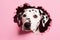 Dalmatian dog peeking out of a hole in pink torn paper close-up, created with Generative AI technology.