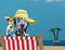 Dalmatian dog relaxing with juice on the beach