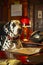 Dalmatian dog sitting at desk in a fire station