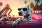 Dalmatian dog on a sunset background in pastel colors, summer photo of a dog in glasses driving on a background of palm trees.