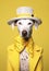 Dalmatian dog wearing yellow color theme fashion items.