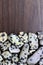 Dalmatian jasper heap stones texture on half brown varnished wood background. Place for text