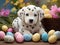 Dalmatian puppy and colorful Easter eggs