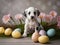 Dalmatian puppy and colorful Easter eggs