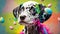 Dalmatian puppy with colorful splashes of paint and Easter eggs