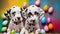 Dalmatian puppy with colorful splashes of paint and Easter eggs