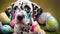 Dalmatian puppy with colorful splashes of paint and Easter eggs