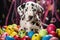 Dalmatian puppy with Easter eggs