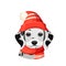 Dalmatian puppy in red hat with pompon and scarf vector