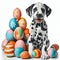 A Dalmatian puppy sits next to a pile of Easter eggs.