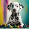 Dalmatian Puppy With Splashes of Paint and Colorful Balls