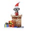 Dalmatian santa dog with christmas ball climbs out of chimney. Isolated on white