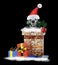 Dalmatian santa dog with christmas tree and ball climbs out of chimney. Isolated on black