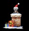 Dalmatian santa dog with gift climbs out of chimney. Isolated on black