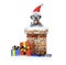 Dalmatian santa dog with gift climbs out of chimney. Isolated on white