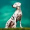 Dalmatian sitting on the green meadow in summer. Dalmatian dog sitting on the grass with a summer landscape in the background. AI
