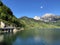 The dam on the artificial alpine Lake Wagitalersee Waegitalersee, Innerthal