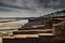 Dam barrage in durgapur city landscape with flood gates closed clowdy scene HDR