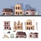 Damaged buildings. Bad old trouble houses abandoned exterior wooden destroyed constructions vector collection set