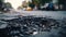 Damaged City Street: Close-Up of Potholes in Asphalt Pavement. Generative ai