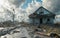 A damaged house amidst debris under a cloudy sky, depicting a scene of devastation and loss.