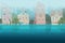 Damaged by natural disaster flood houses and trees partially submerged in the water in cartoon city concept. Storm city