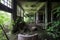 Damaged structure of an abandoned building full of dirt and green plants