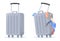 Damaged suitcase. Ripped vacation luggage, baggage airport exchange, cartoon travel bag lost plastic suitcases with