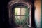Damaged window of old abandoned house with sprouted branches from tree