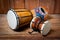 Damaru and djembe drums, percussion and musical instruments